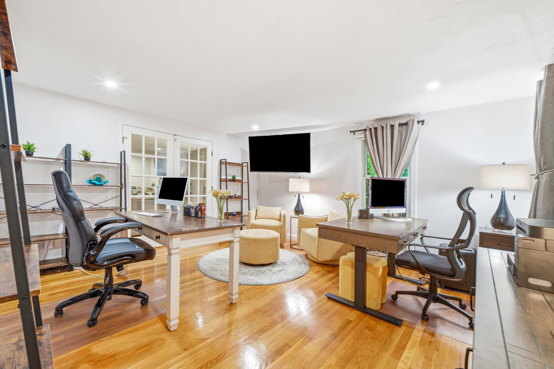 Hardwood home office with dual workstations